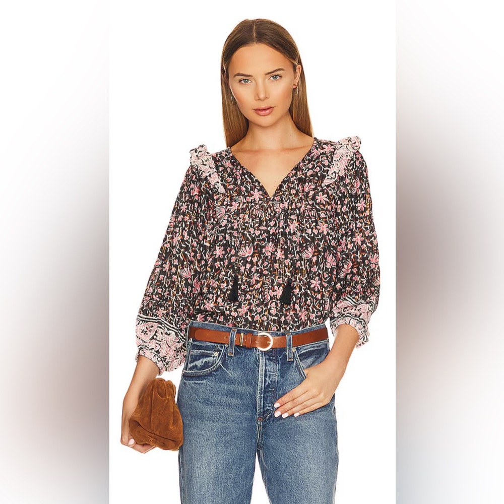 Cleobella Black and Pink Floral Smocked Ruffle Peasant Blouse